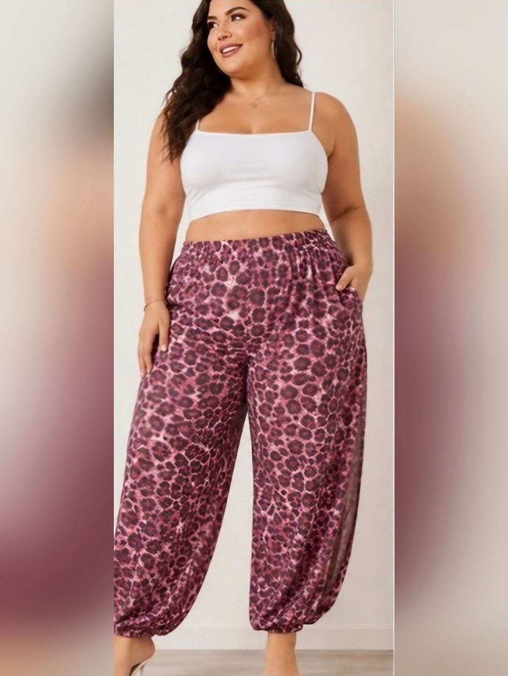 Zenana Leopard Print Side-Slit Pull-on Jogger Cranberry in Various Sizes NIP
